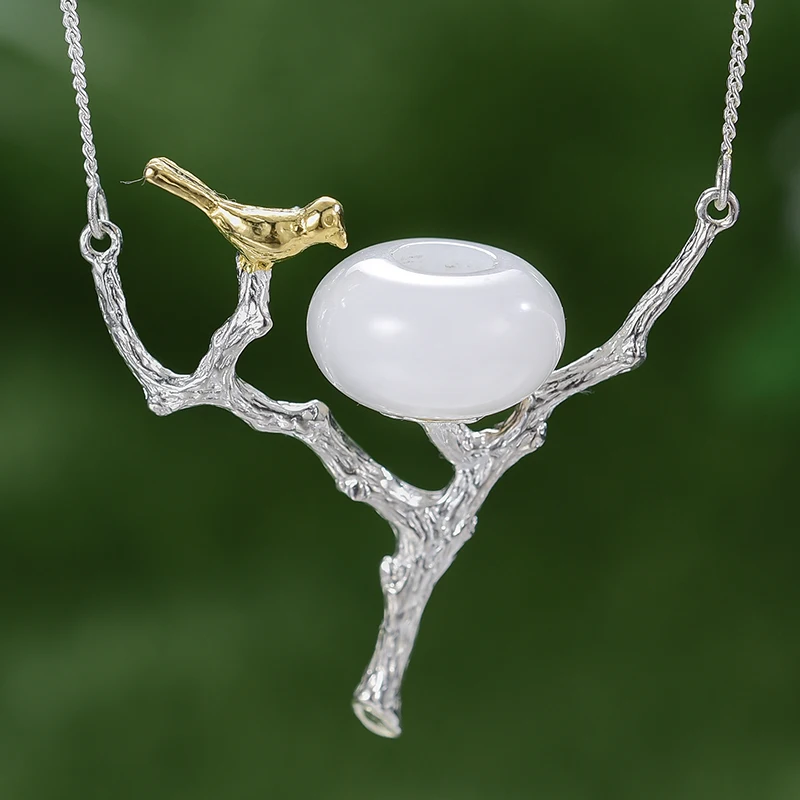 Lotus Fun Real 925 Sterling Silver Natural Aventurine Stone Handmade Fine Jewelry Retray Bird Necklace with Pendant for Women