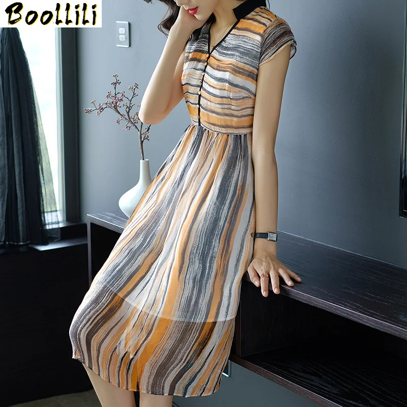 

Dress Women Boollili Real Silk Dress Korean Fashion Print Midi Summer Dress Elegant Vintage Party Dress Woman Vestidos Mujer