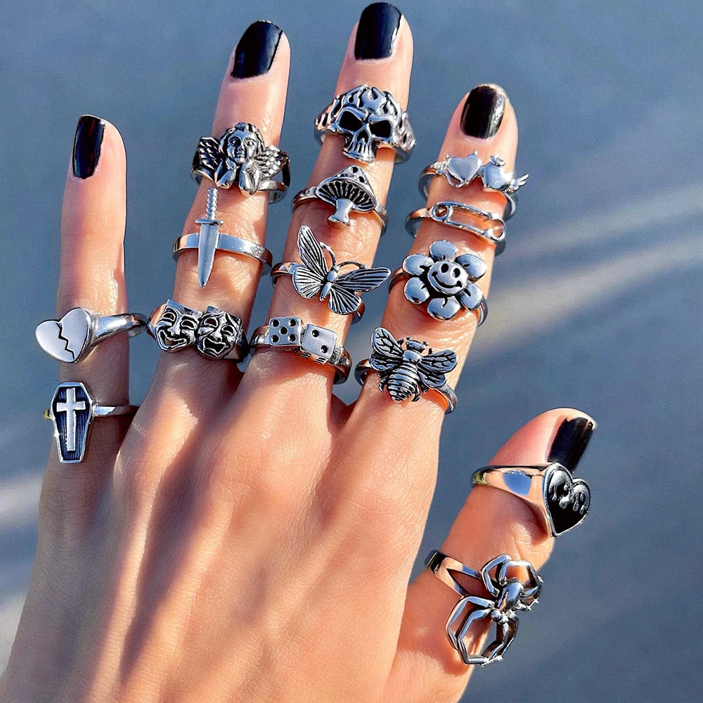 Vintage Gothic Skull Flower Angel Rings for Women Hip Hop Silver Color Butterfly Heart Finger Ring Fashion Streatwear Jewelry