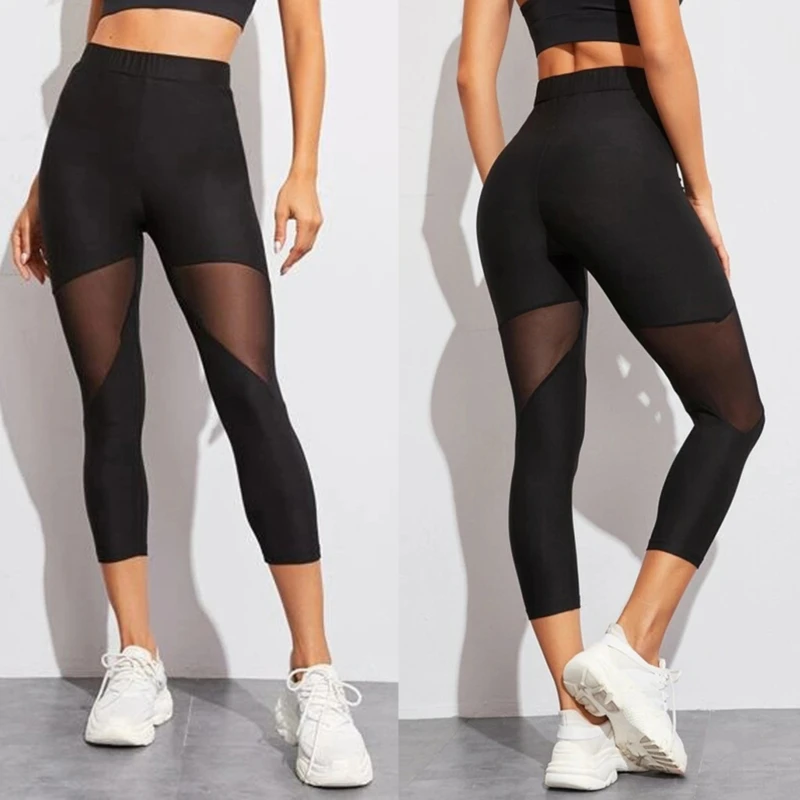 PerconsiderMesh-Leggings de fitness en patchwork pour femme, pantalon capri élastique noir, jegging de yoga