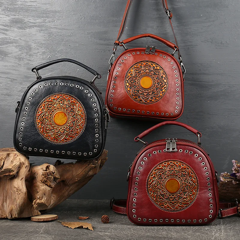 Original Head Layer Cowhide Fashion Round Hole Totem Women Bag Large Capacity Retro Contracted Fashion  Shoulder Bags