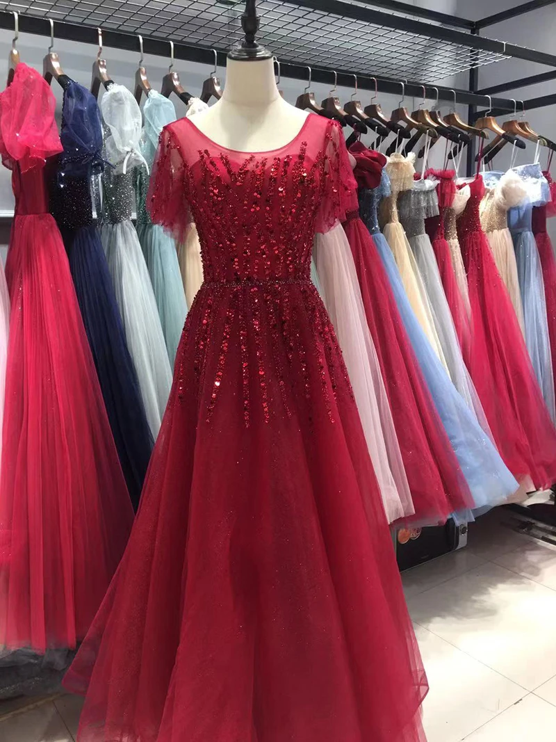 Customized   Evening Dress for Women Real Picture Scoop Neck Sequins Beading A-line Glittering Long Prom Formal Gown Vestidos