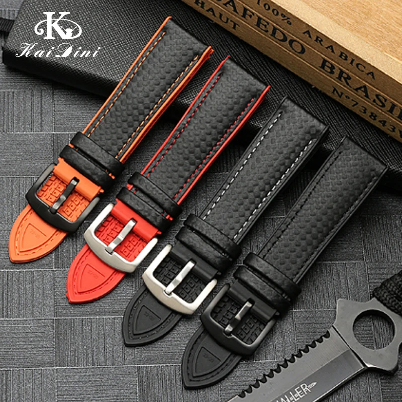 Carbon Fiber Pattern Silicone Base Watch Strap Is Suitable For M-ido Helmsman CITIZEN Sao Orange BM8475 Male Bracelet 20/22/24mm