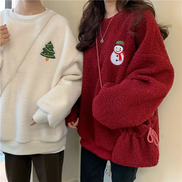 Autumn Winter Polar Fleece Loose Clothes Women Sweatshirt Harajuku Embroidered Christmas Tree Cute Snowman Happy Pullover Female