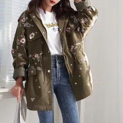 High Quality Chaquetas Mujer Autumn Vintage Flower Embroidery Women's Tooling Trench Casual Fashion Casual Windbreaker Coat