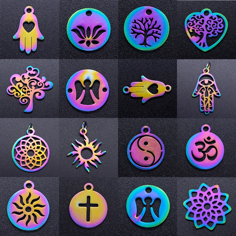 5pcs/lot Rainbow Religious Tree of Life DIY Charms Wholesale Stainless Steel Pendant Yoga Om Hamsa Hand Sun Connectors Charm