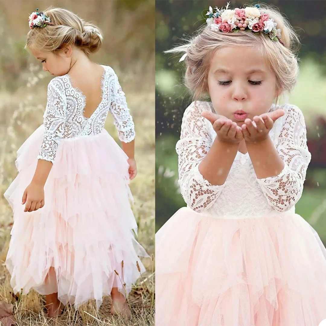 Vestidos de encaje y tul para niña, vestidos de flores de ensueño para boda, a medida, vestidos de desfile hasta el tobillo, vestidos de primera comunión