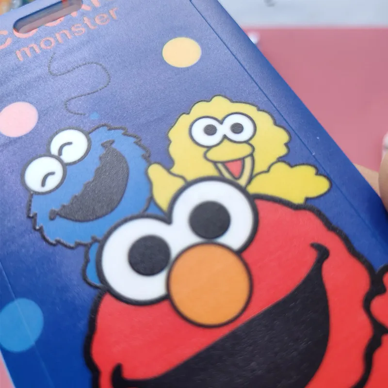 Cartoon Elmo Lanyard Push & Pull Credit Card ID Holder Bag Student Women Travel Bank Bus Business Card Cover Badge With Keychain