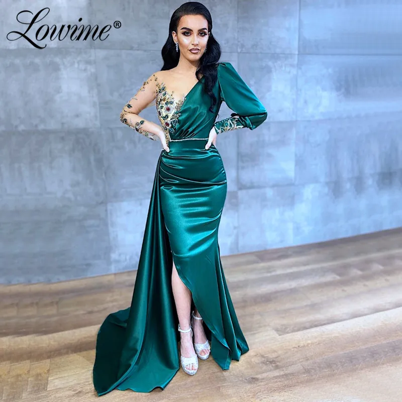 

Dubai Illusion Long Sleeves Mermaid Evening Dresses 2020 Couture Mermaid African Party Dress Handmade Crystal Beaded Prom Gown