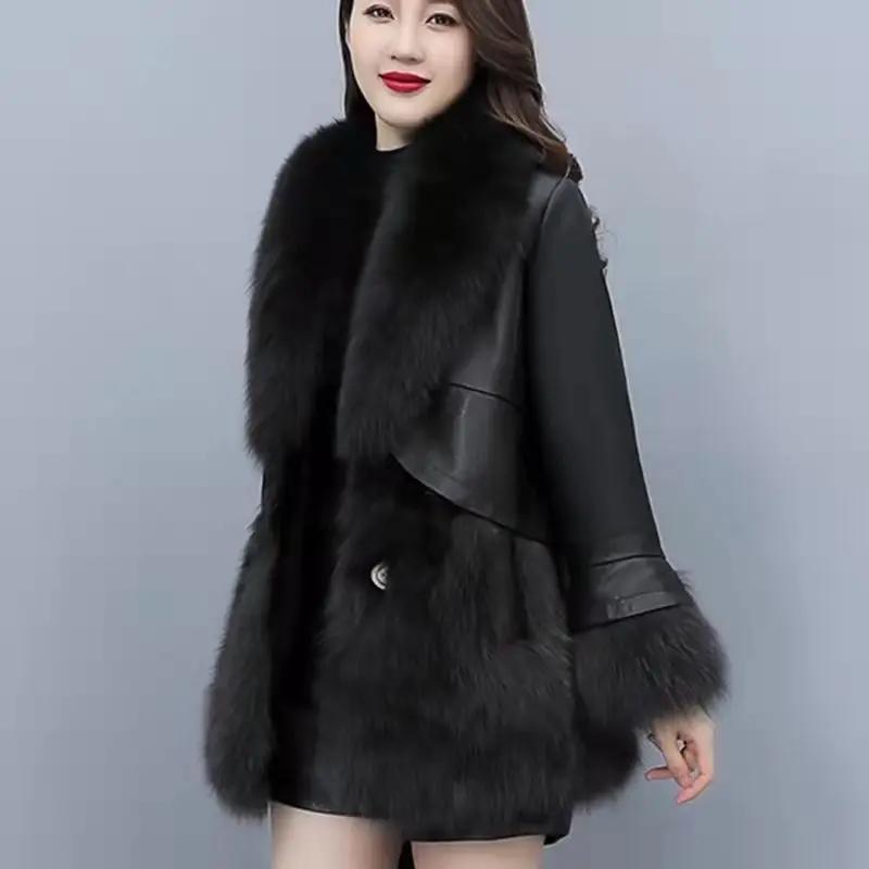 High-End Black Faux Fur Coat Women Fashion New Autumn Winter Faux Fox Fur Collar Warm PU Leather Jacket Women's Outerwear