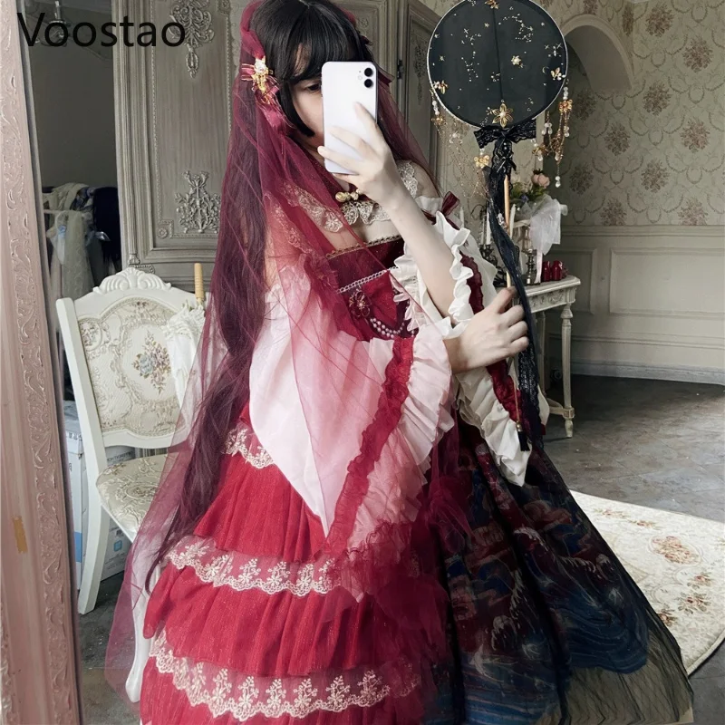 สไตล์จีน Vintage Lolita Jsk ชุดคอสเพลย์ผู้หญิง Elegant Lace Ruffles Bow Party ชุด Girly Hanfu Lolita ชุด