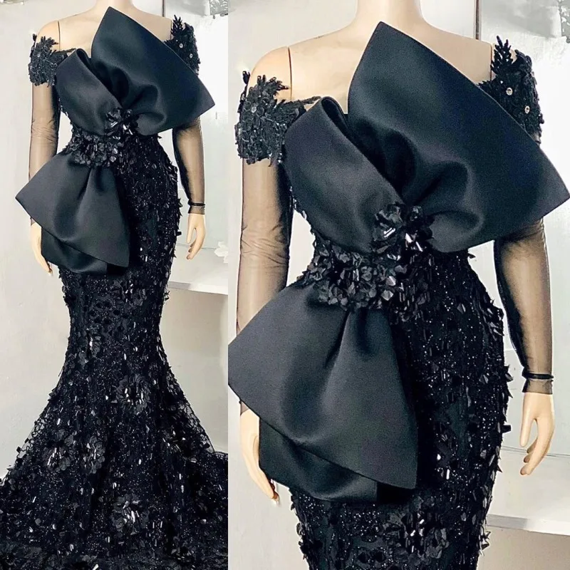 Elegante africano preto sereia vestidos de noite mangas completas rendas appliqued frisado árabe aso prom vestidos com arco robe de soiree