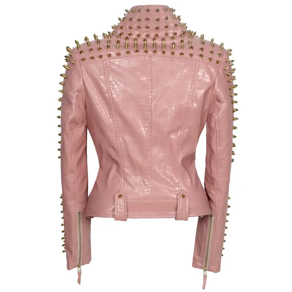 SX Occident punk style Pink PU jacket fashionable golden rivet body-repair locomotive short jacket