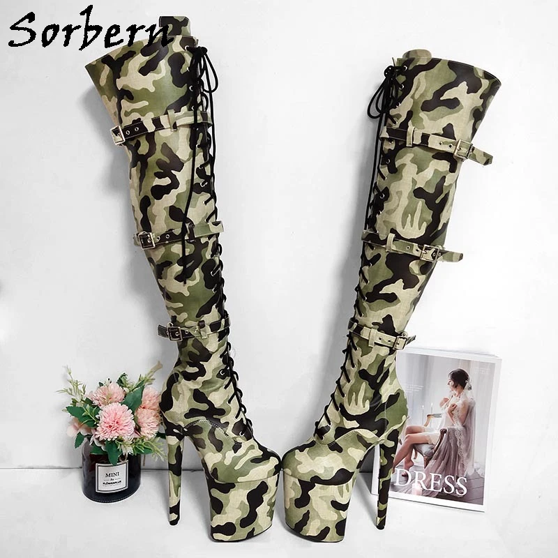 Sorben Camouflage Mitte Der Oberschenkel Stiefel Frauen Pole Dance Stripper Hohe Ferse 20Cm Plattform Straps Schnalle Benutzerdefinierte Bein Breite Shalft länge