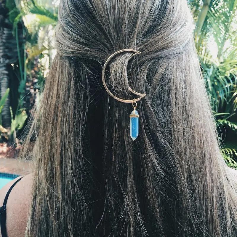 Crescent Moon Hair Clips Quartz Vintage Bullet Natural Stone Hexagon Prism Charming Hairpin Headwear Gifts Headdress For Women