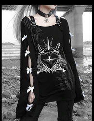 Sudadera de gran tamaño con estampado de corazón negro gótico para mujer, camisa de manga larga con pajarita hueca, sudadera Punk Grunge, diseño Original