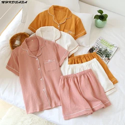 NHKDSASA Shorts Sets Pajamas Suit Women Summer Couple Cotton Crepe Ladies Solid Simple Short-Sleeved Shirt Men's Home Service