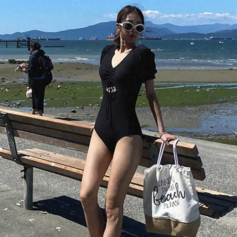 브이넥 트라이앵글 피스 드로스트링 반팔, 섹시한 얇은 가슴 모아 여성 핫 용수철 수영복, 한국 신상 스타일