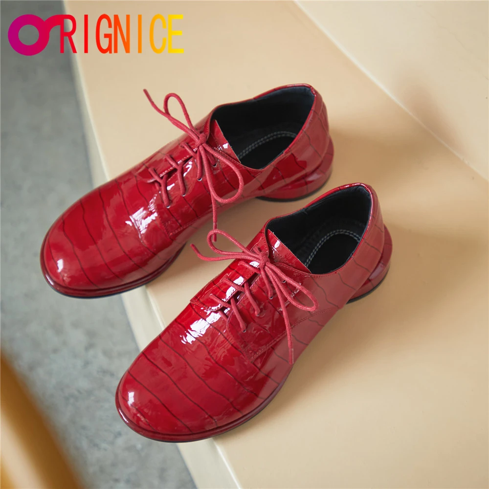 

Orignice New Arrival Women Patent Leather Pumps Lace Up Round Toe Low Comfortable Thick Heels Solid Color Plus Size 34-43