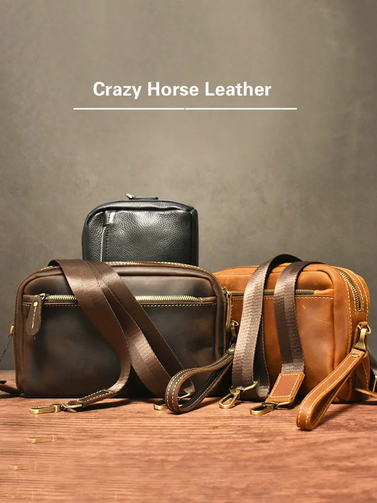 Hand Made Fashion Casual Crazy Horse Leather Men\'s Crossbody Bags Real Cowskin Shoulder Messenger Bags Sling Phone Clutch Bags