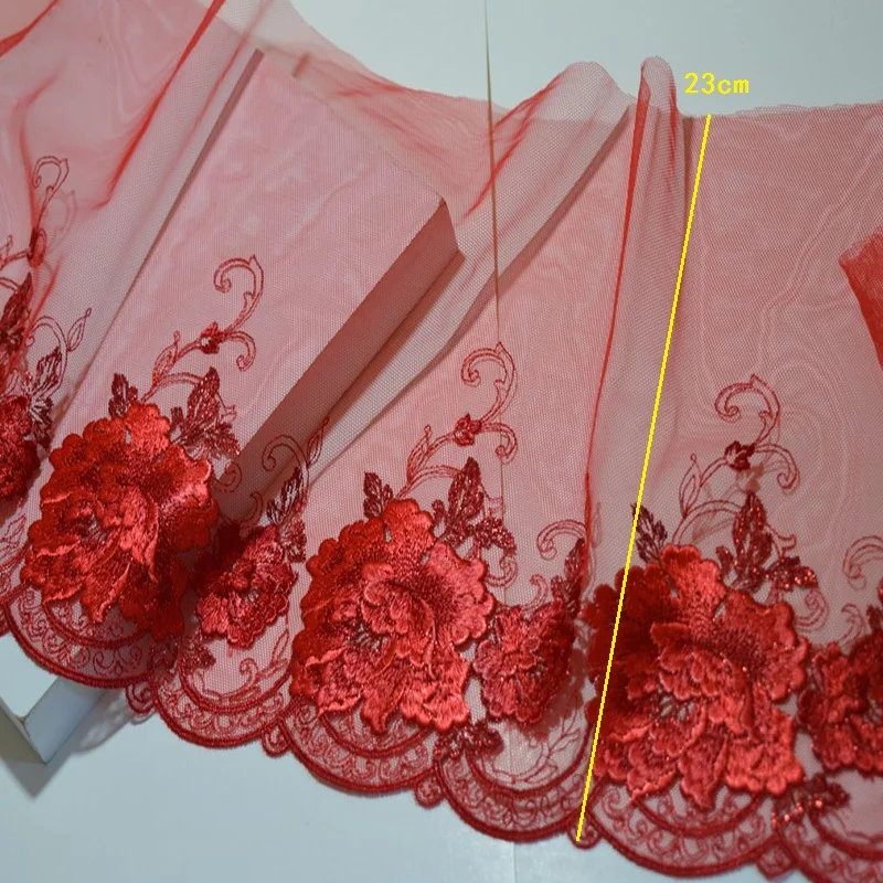 2Yds/lot 23cm Wide Transparent Red Mesh Fluorescent Red Floral Embroidery High Quality Lace Trim For Garments Wedding