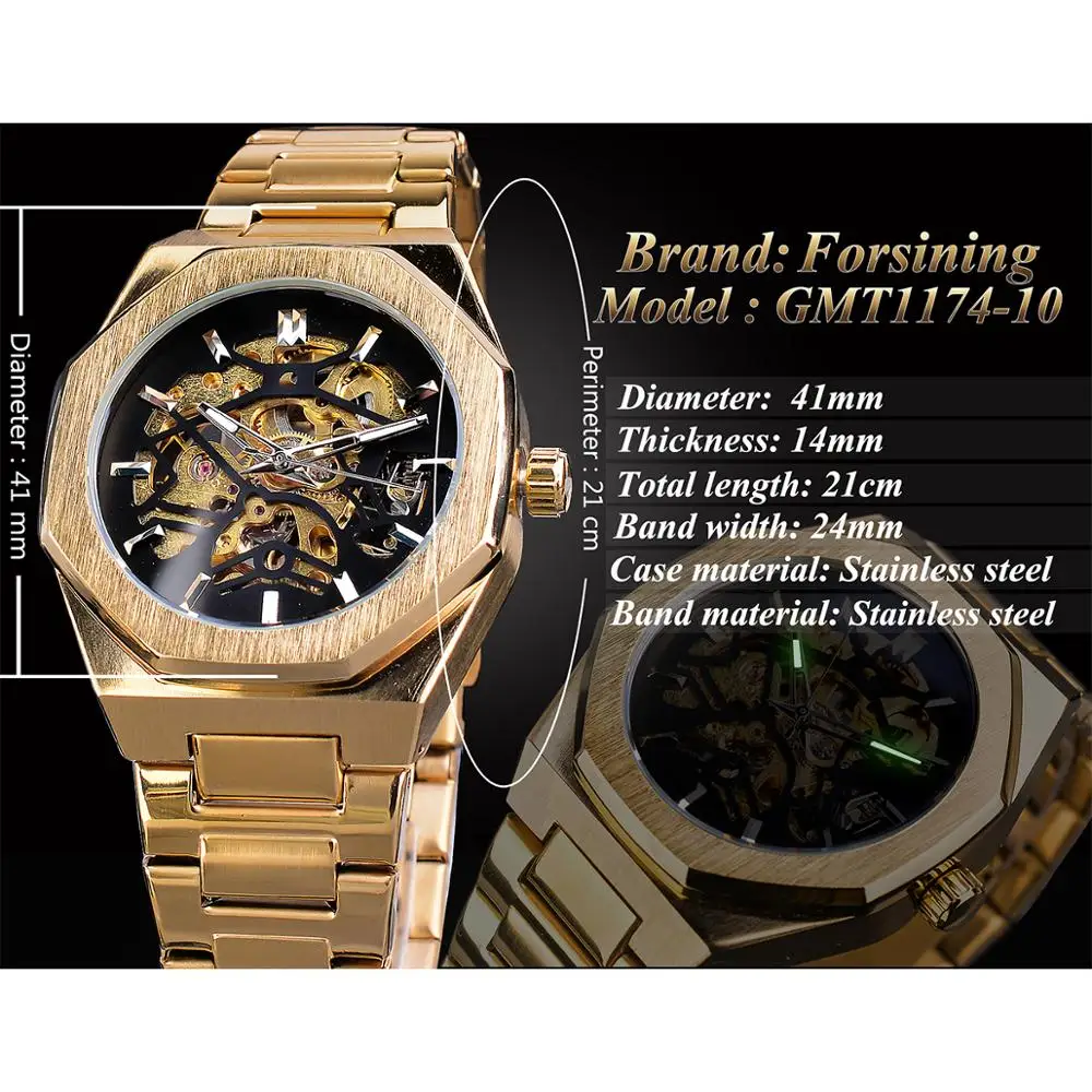 Forsining 2019 Gold Mechanical Automatic Watches For Men Skeleton Waterproof Clock Top Brand Luxury Luminous Hands Wristwatches