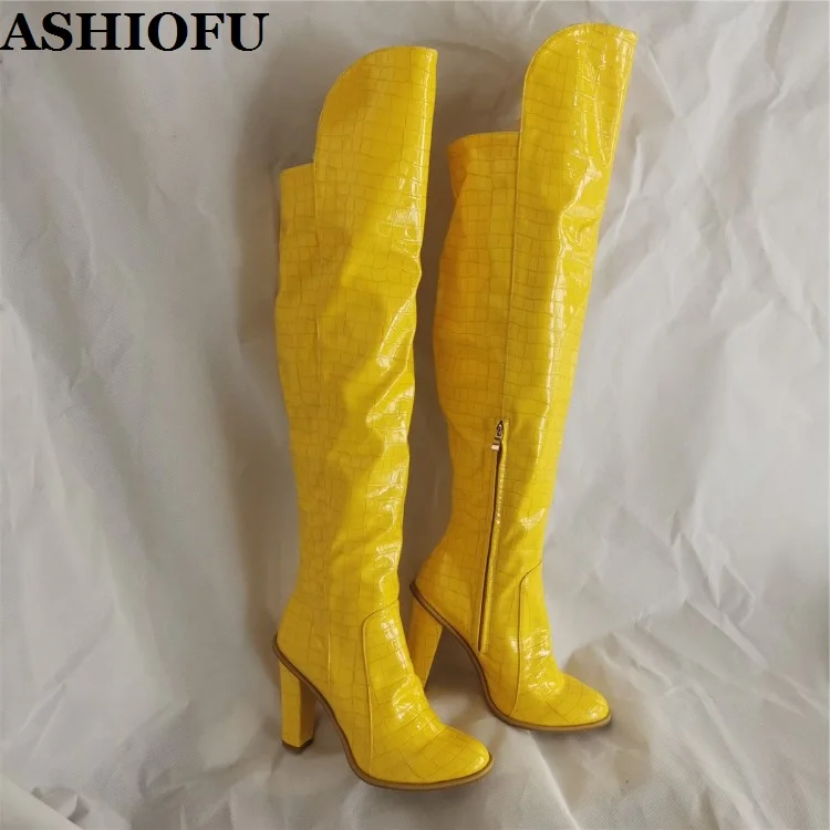 

ASHIOFU 2020 Real Photos Womens Boots Thick-heels Ginghams Patent Leather Over Knee Boots Sexy Night-club Fashion Winter Boots