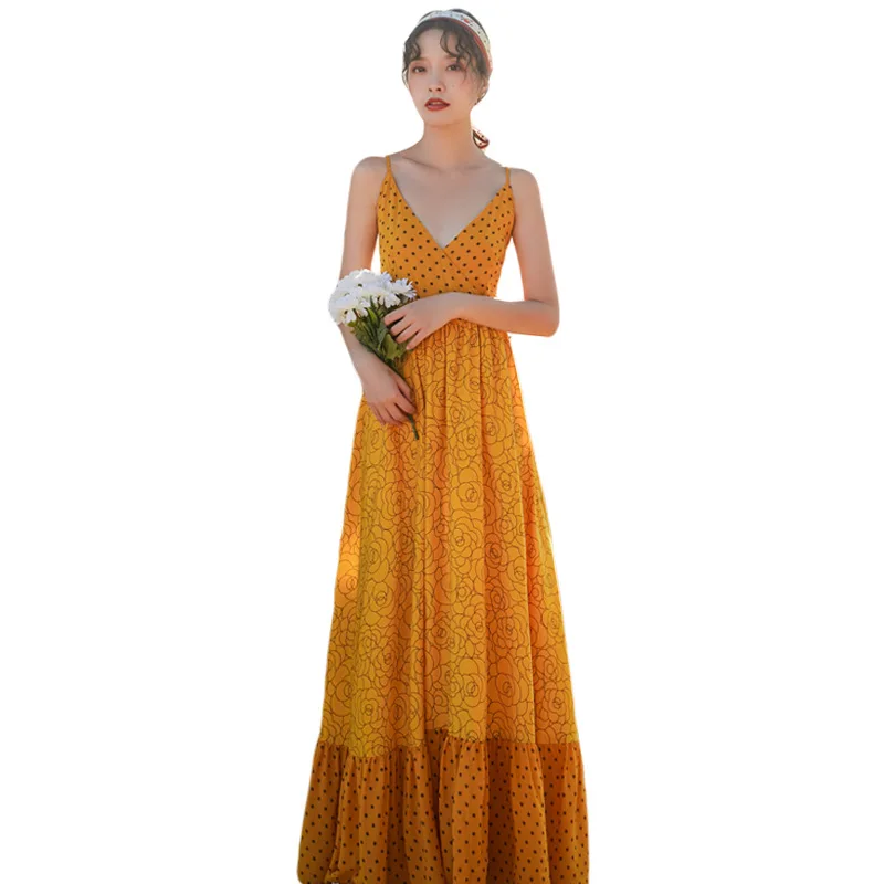 Yellow Polka Dot Dress Woman Sexy V-neck Back Lace Up Long Bohemian Beach Dress 2021 Summer Female Vintage Elegant Maxi Dress