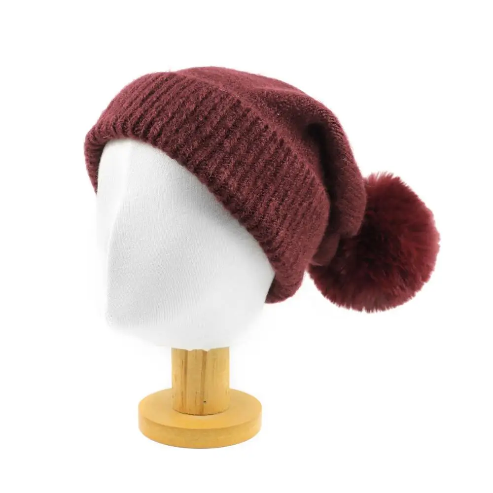 Cashmere Beanie for Women Warm Soft Wine Winter Hat 2020 New Girls Knit Slouchy Hat Faux Fur Pompom Beanie