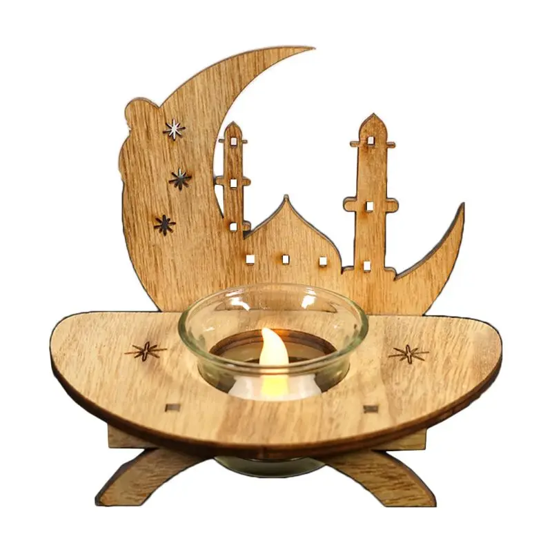 2022 New DIY Wood Eid Mubarak Moon LED Candlestick Light Wooden Decoration Ramadan Home