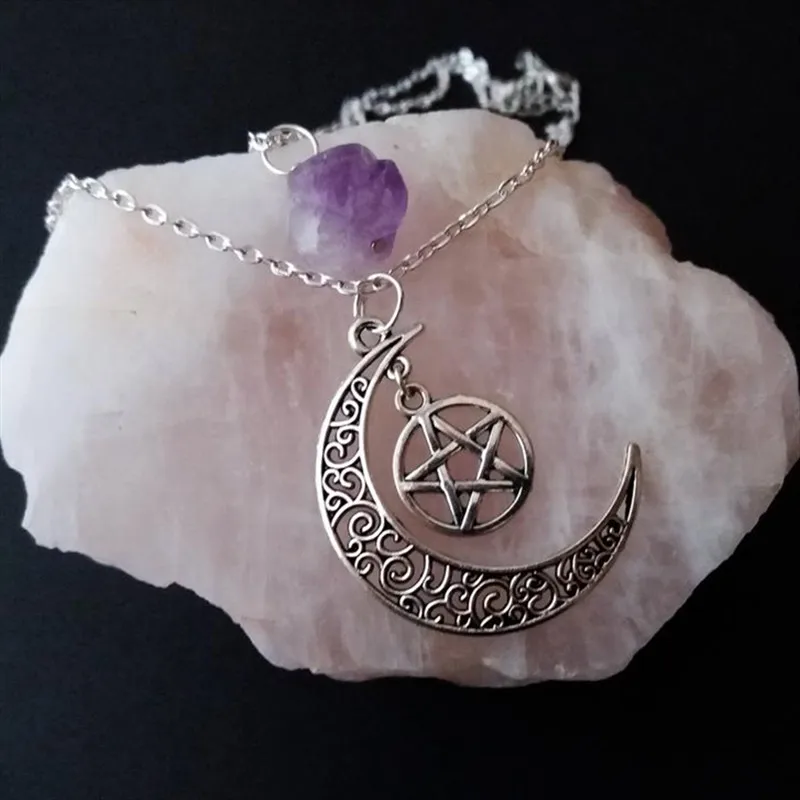 Witch Layered Violet Crystal and Moon Necklace Pentagram Raw Crystal Gothic Punk Jewellery Statement Charm Fashion Women Gift