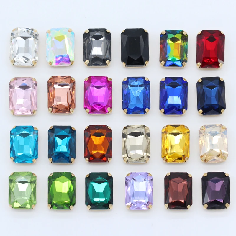 All-size 24-colors Flatback rectangle sew on strass glass Gemstone sewing crystal rhinestone gold claw button for wedding dress