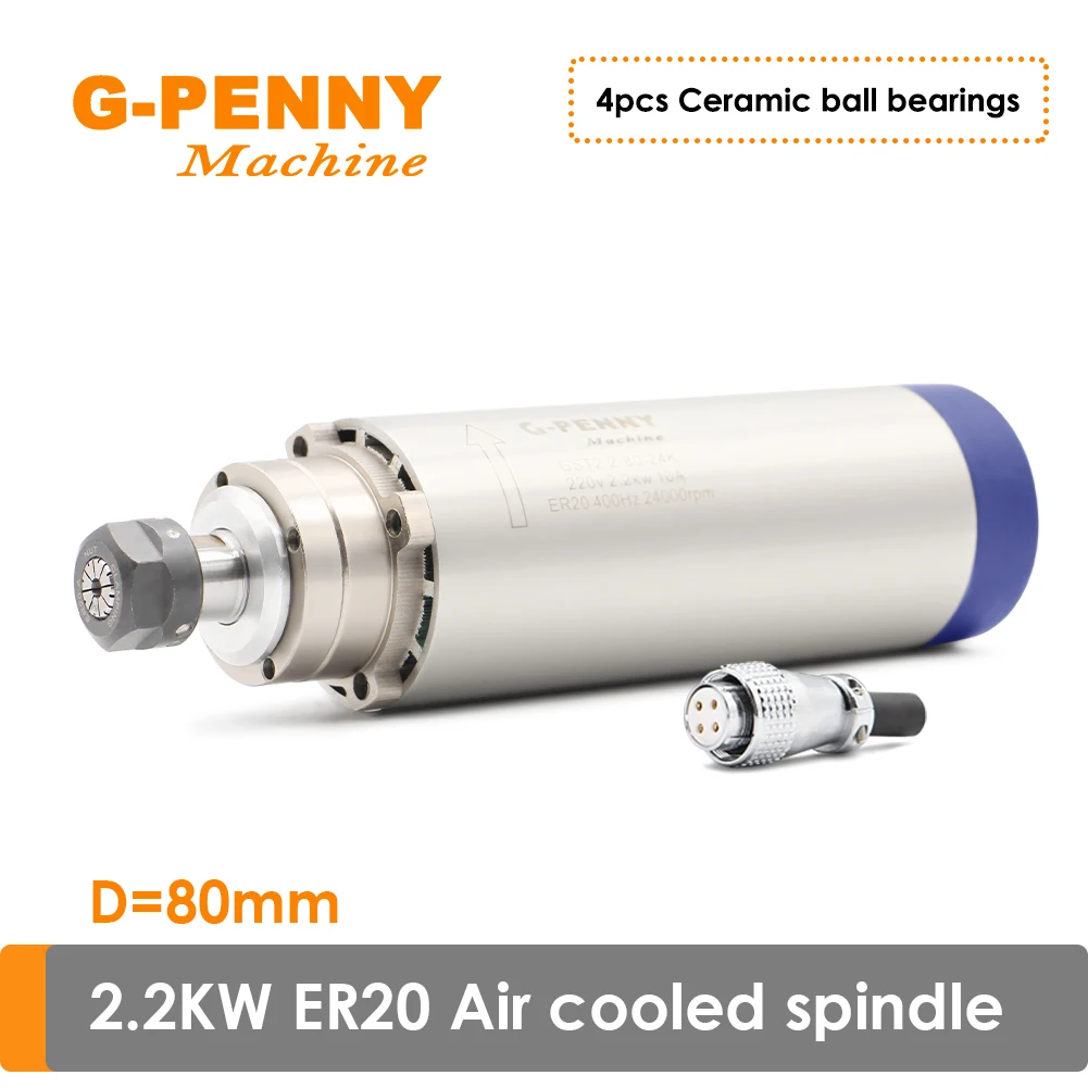 Cnc Air Cooling Spindle Motor Gravação de Fresagem Air Coolant Spindle Rolamentos Cerâmicos 220v 380v 2.2kw 400hz 80 mm Er20 Pcs