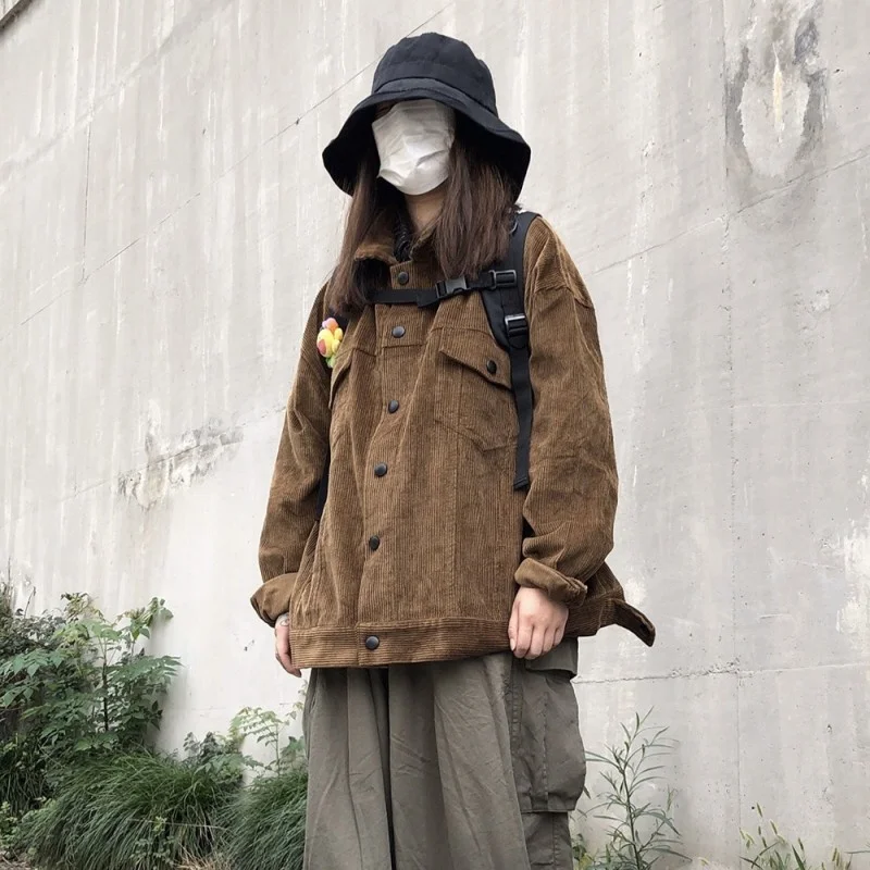 

Autumn Harajuku New Vintage Loose Unisex Corduroy Jackets High Quality Long Sleeve Single Breasted Cargo Casual Outerwear Coats