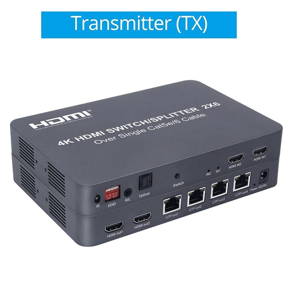 2x6 HDMI Switcher/Splitter Extender Optical SPDIF + 3.5mm jack Audio Extractor 4K@30HZ 100M By Ethernet RJ45 CAT5e CAT6