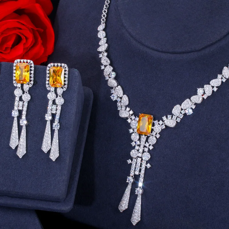 CWWZircons Luxury Yellow CZ Stone Dangle Drop Long Tassel Wedding Earrings Necklace Big Dubai Bridal Dress Jewelry Sets T375