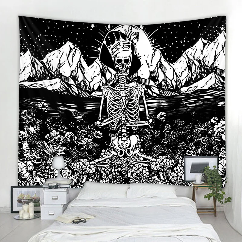 Skeleton King Moon Tapestry Meditation in Flowers Mandala Carpet Hippie Divination Tarot Wall Tapestry