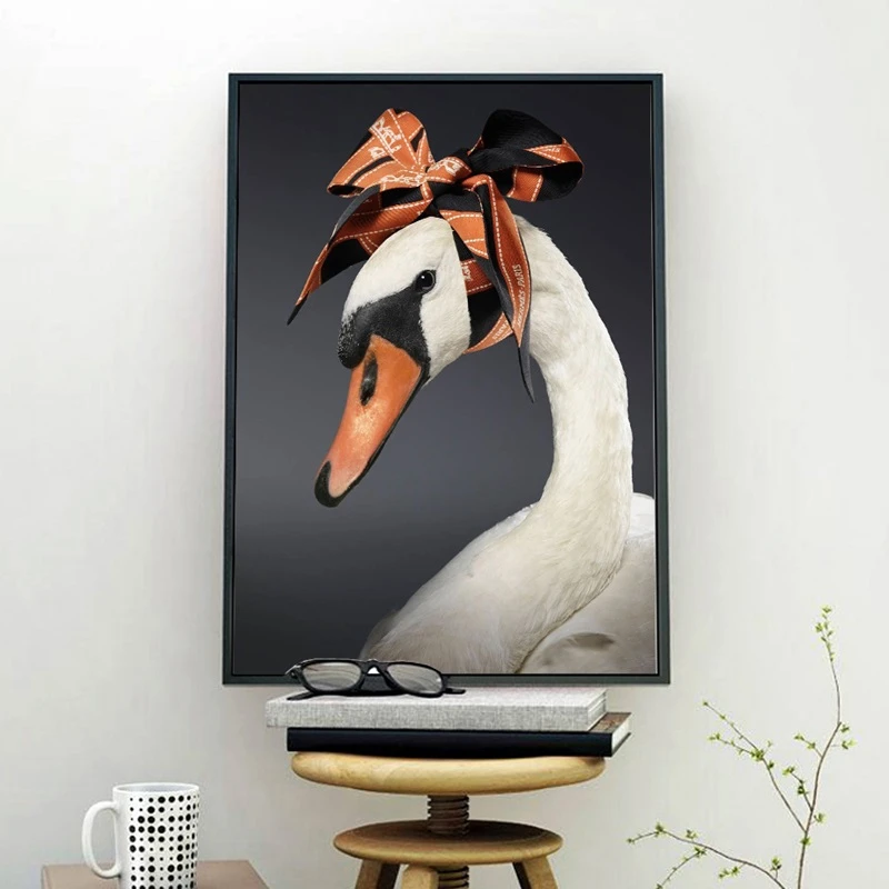 Nordic Swan with Bow Tie Wall Art Modular Picture Modern Home Decoration Hd Print Poster Noble Style Animals Canvas Painting