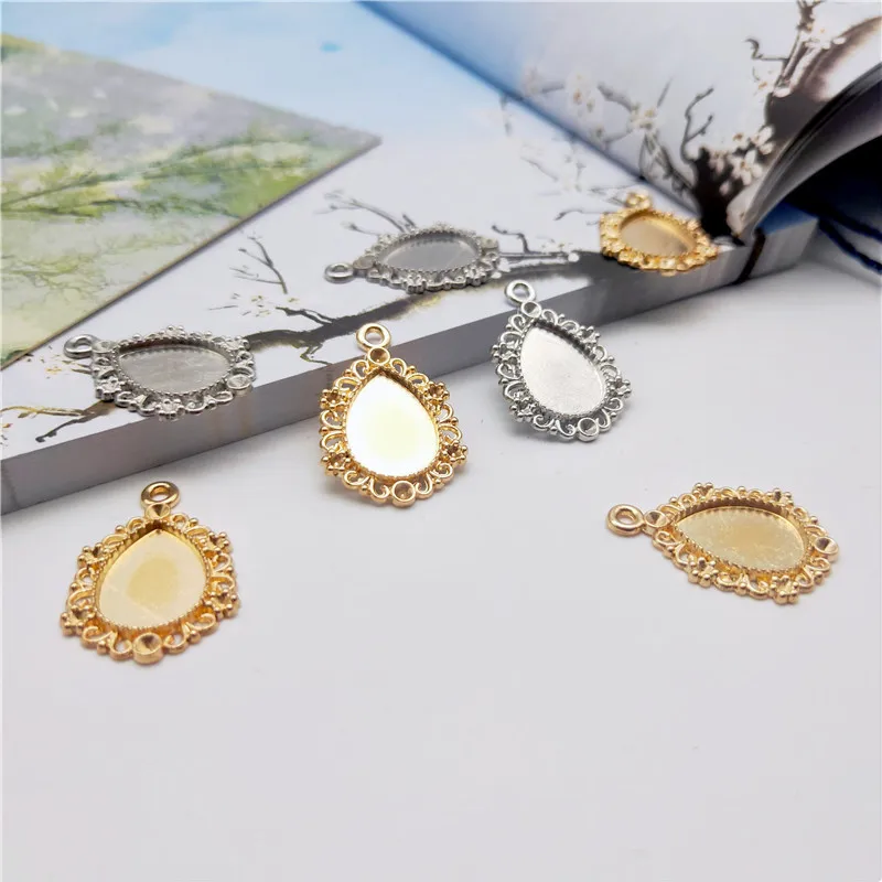 10pcs/lot Metal 10x14mm Water Drop Metal Necklace Pendant Setting Cabochon Cameo Base Fit Cabochons Jewelry Making Findings