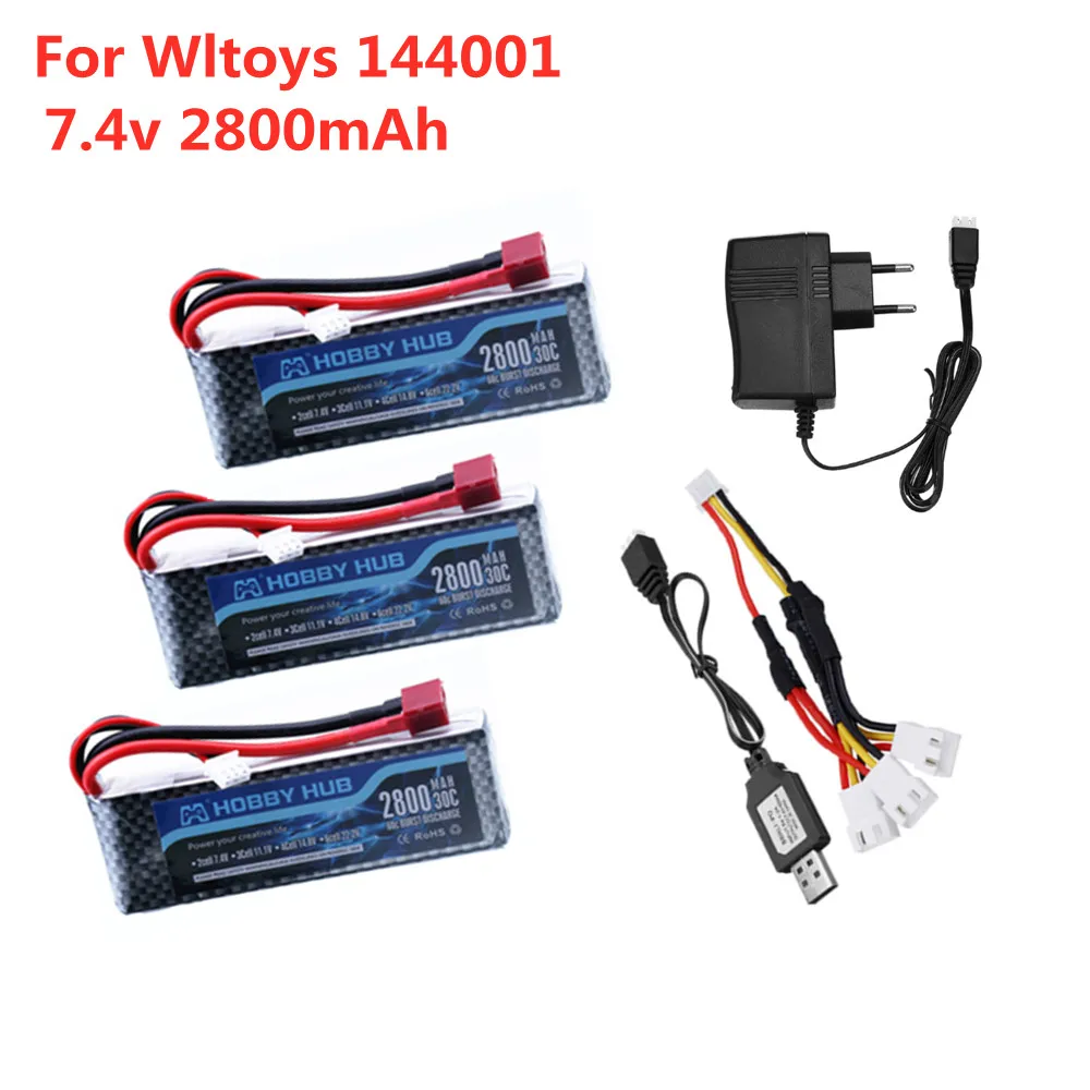 Bateria de lipo para carro e barco, original, 144001, 2s, 7.4 v, 2800mah, lipo, plug t, para wltoys 1/14, 144001, rc, carro, barco