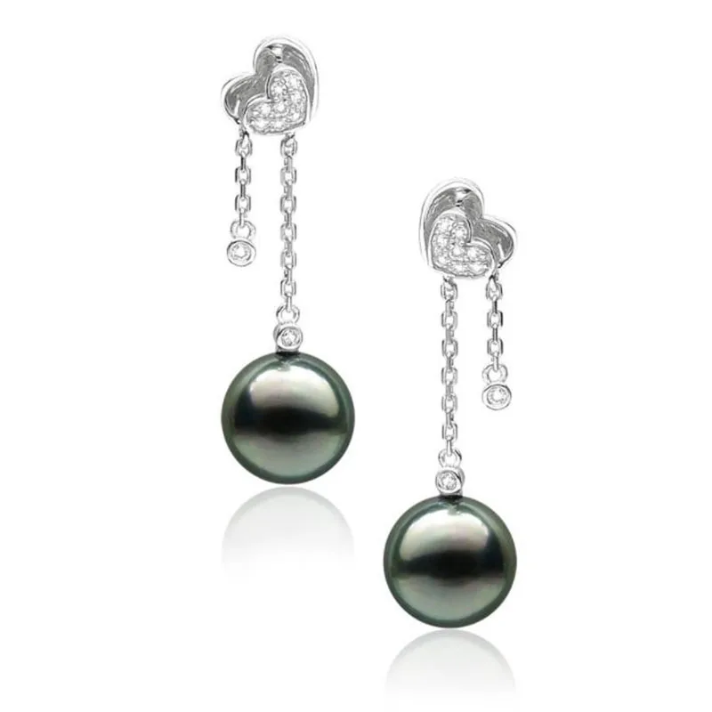 

Free Shipping AAA Black Green Real Tahitian Sea Cultured Pearl Diamond Earrings 18K White Gold