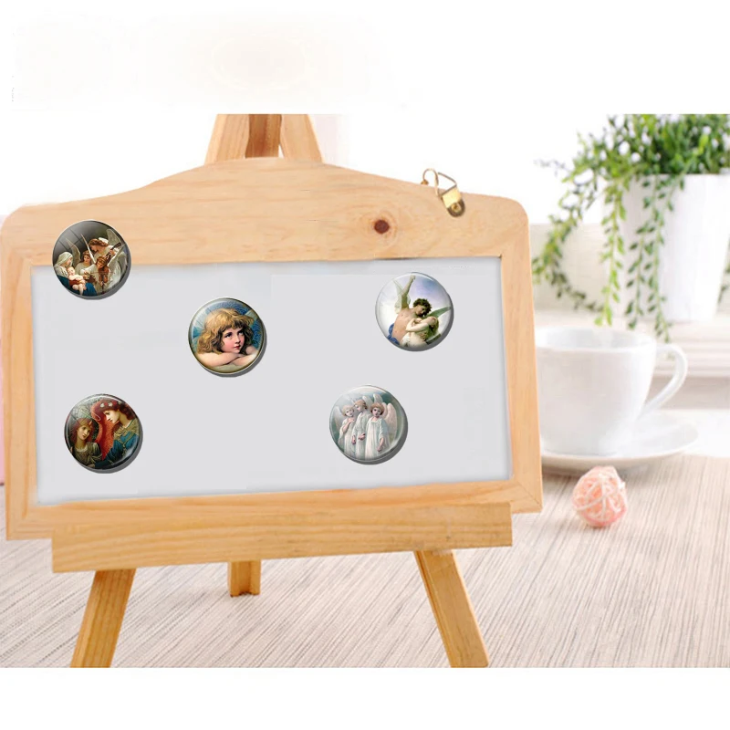 Angel Fridge Magnet 30MM Glass Cabochon Cute Cartoon Magnetic Refrigerator Stickers Note Holder Christian Catholic Home Decor