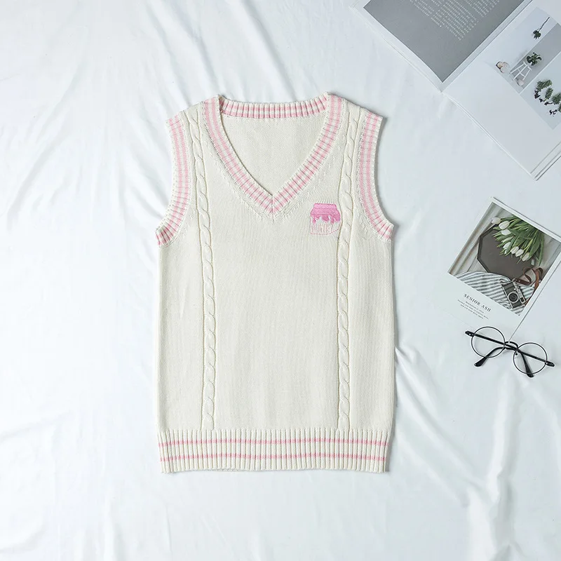 New Cute Cheese Embroidered College Style Japanese  JK Uniform Stripes Knitted Vest  japanese school uniform