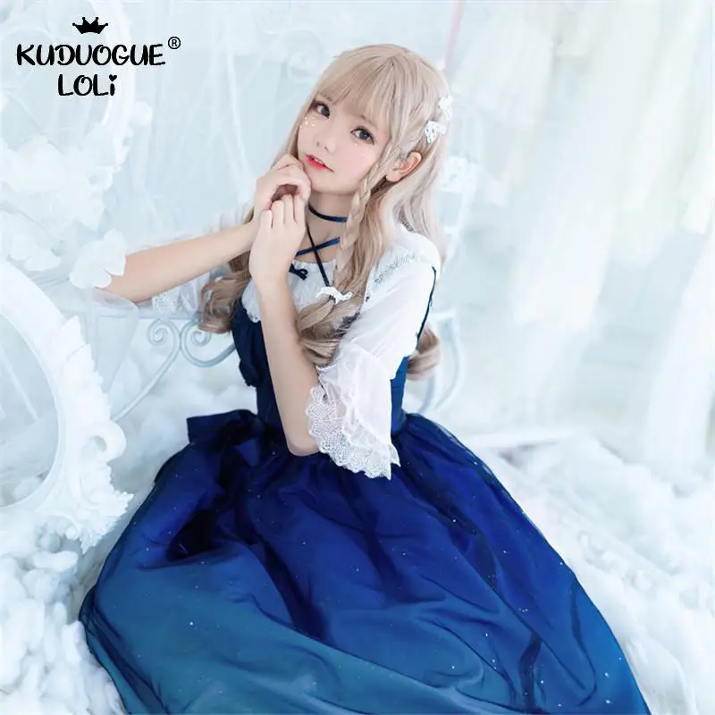 Lolita Dress Women Summer Party Dress Starry Sky Gradient Blue Suspender Chiffon Fairy Dress Mori Girl Spring Sweet Cute Costume