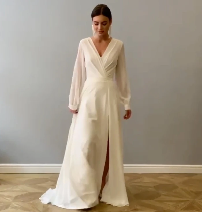 

Customized Bohemian Wedding Dress 2025 A Line Chiffon Modest Simple Sexy Deep V Neck High Slit Women Plus Size Bridal Gowns