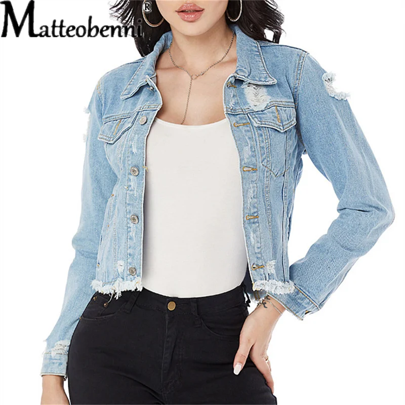 

2021 Women Sexy Ripped Denim Jackets Vintage Casual Short Jean Jacket Puff Sleeve Spring And Autumn New Female Coat Streetwear