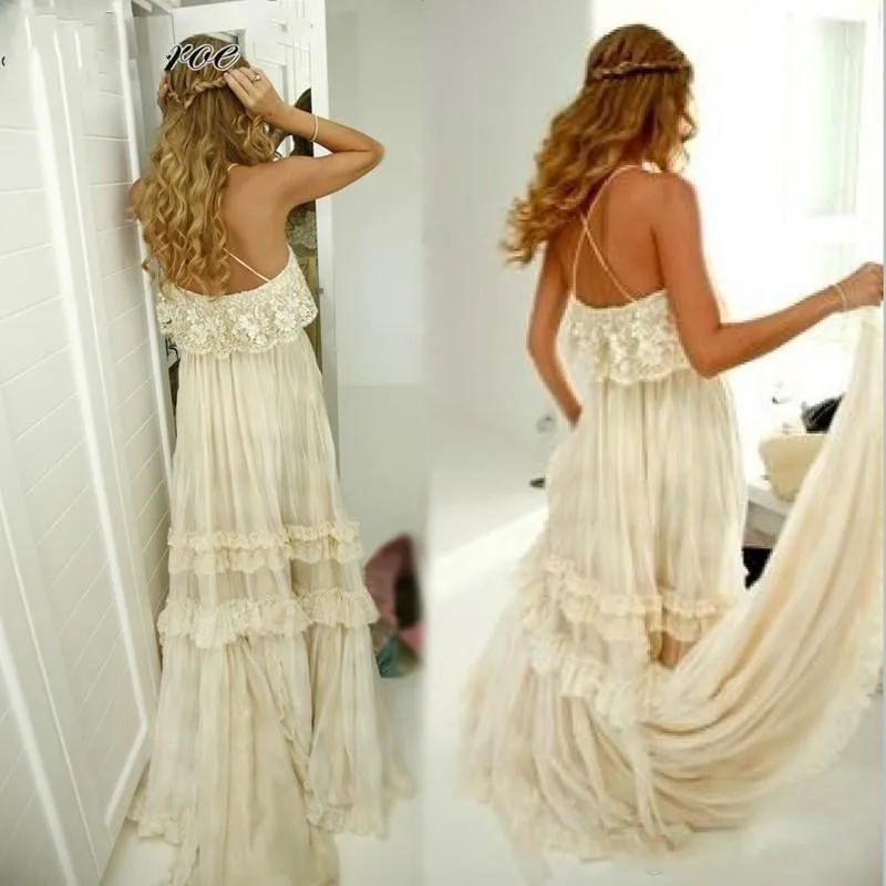 Vintage Hippie Stil Boho Strand Hochzeit Kleider Sexy Spaghetti-trägern Tiered Spitze Chiffon-EINE Linie Champagne Brautkleider