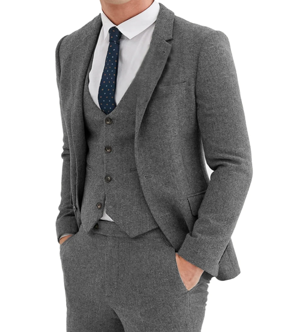 

New Grey Men's Suit 3 Pcs Vintage Notch Lapel Herringbone Tweed Tuxedos For Wedding custom size (Blazer+vest+Pants)