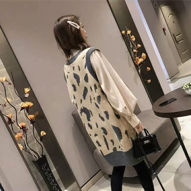 Sweater Vest Women Leopard Korean Style Streetwear All-match Spring Autumn Chic Knitted Loose V-neck New Ins Casual Soft Vintage