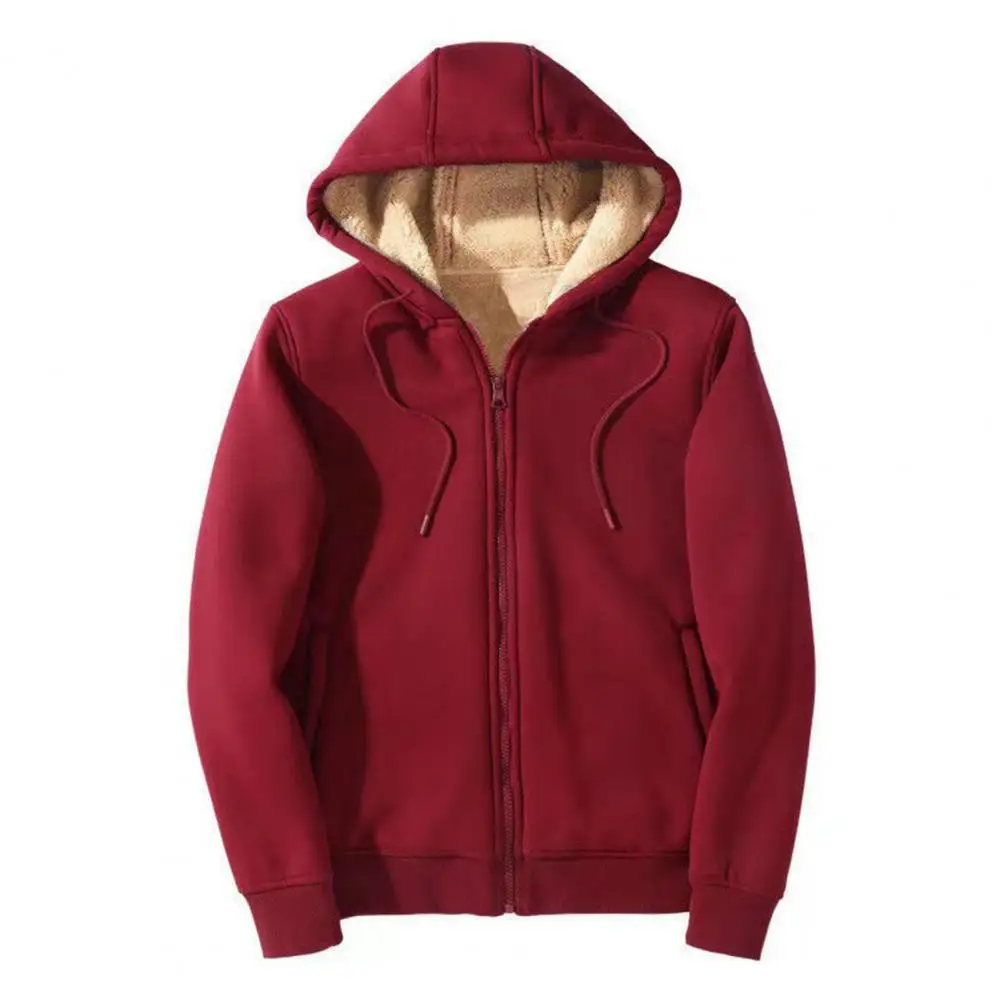 Men Hoodie Coat Solid Color Long Sleeve Hooded Thicken Plush Drawstring Winter Jacket Zipper Fly Women Hoodie Coat for Daily